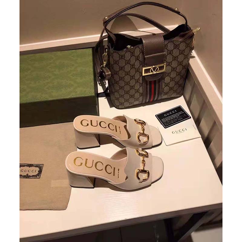 G*u*i gg women slide sandal with horsebit white leather 8 cm heel