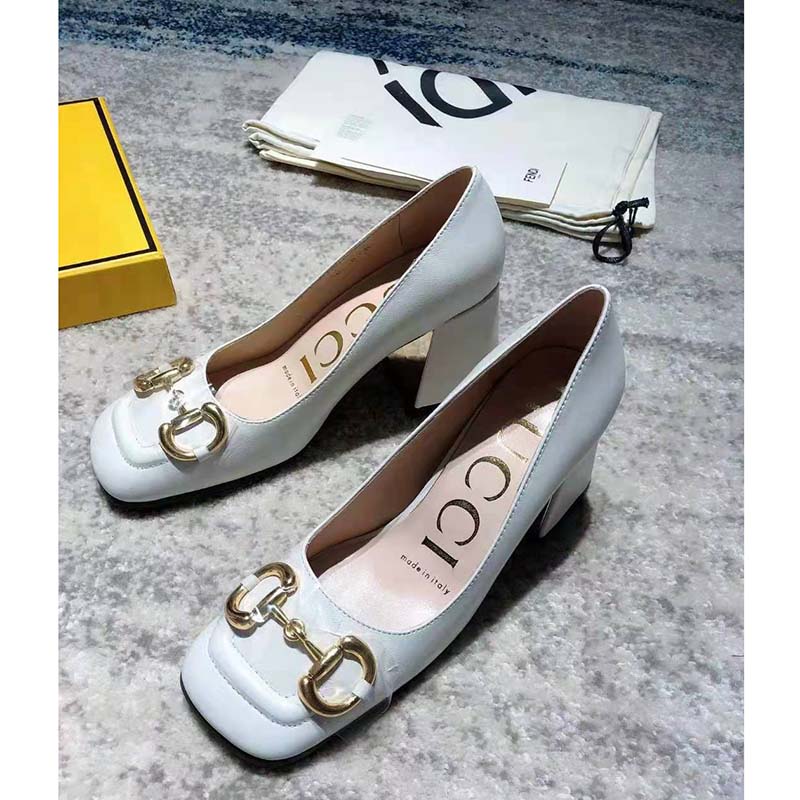 G*u*i gg women’s mid-heel pump with horsebit white leather 8 cm heel