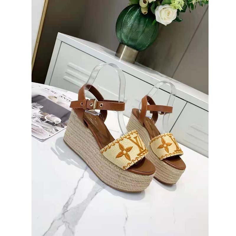 Louis Vuitton Women Boundary Wedge Sandal Raffia and Tan Calf Leather