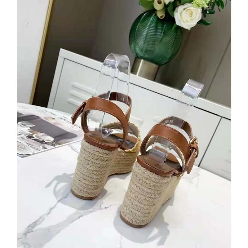Louis Vuitton Women Boundary Wedge Sandal Raffia and Tan Calf Leather