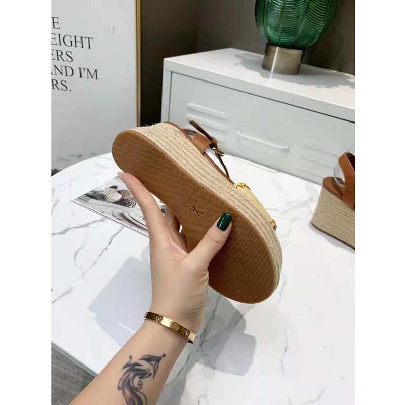 Louis Vuitton Women Boundary Wedge Sandal Raffia and Tan Calf Leather