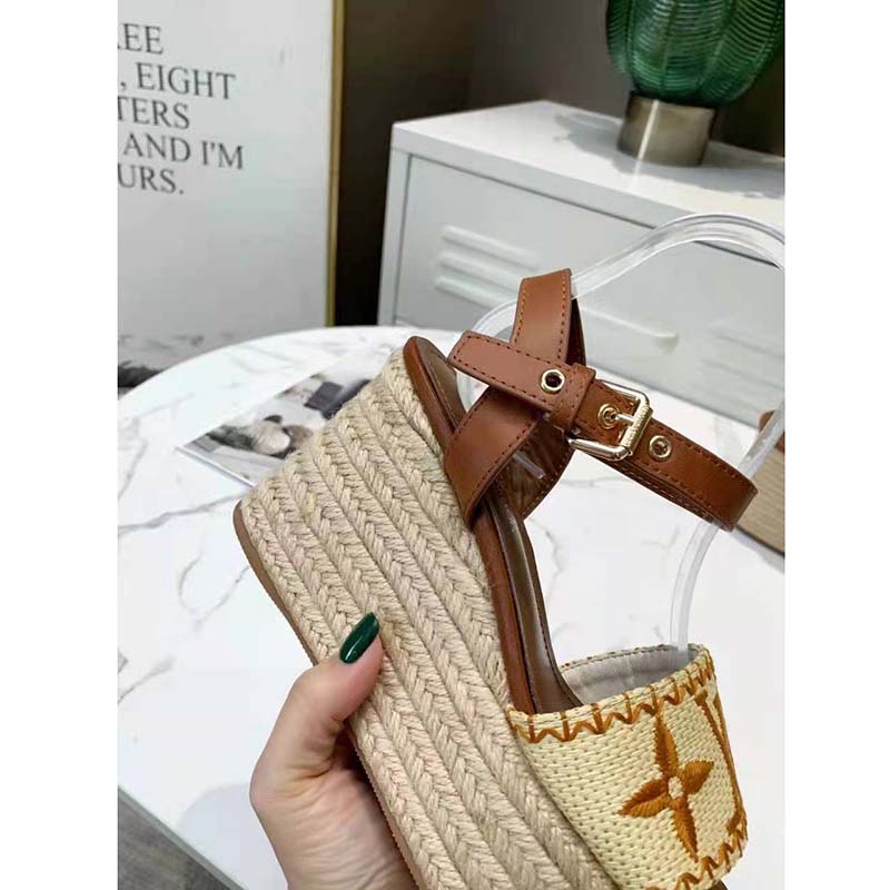 Louis Vuitton Women Boundary Wedge Sandal Raffia and Tan Calf Leather