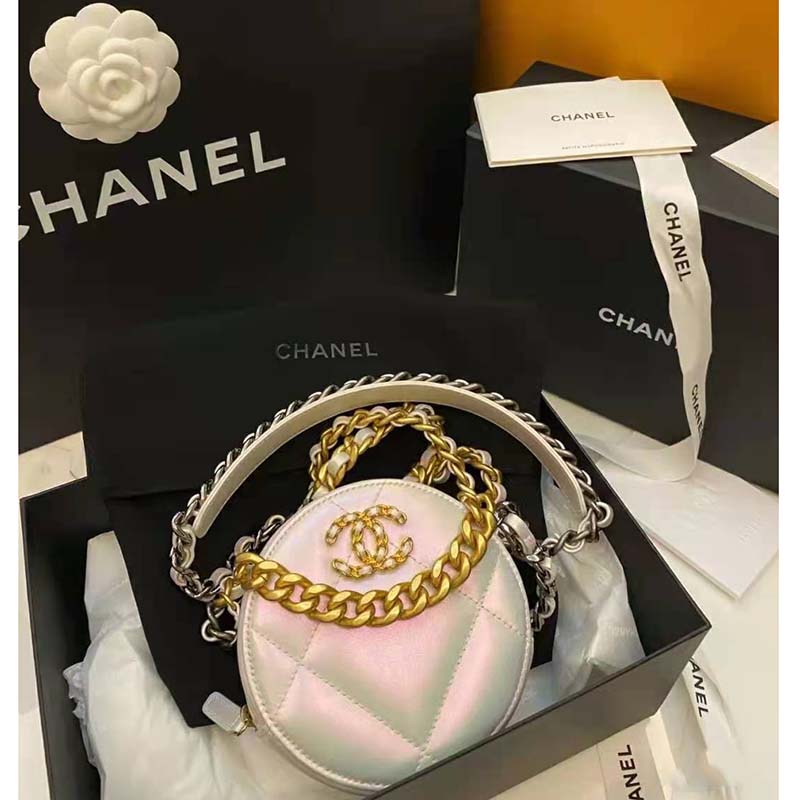 Chanel Women Chanel 19 Clutch with Chain Lambskin Gold Silver-Tone Ruthenium White