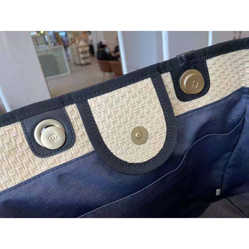 Chanel Women Large Shopping Bag Straw Calfskin & Gold-Tone Metal Beige & Black