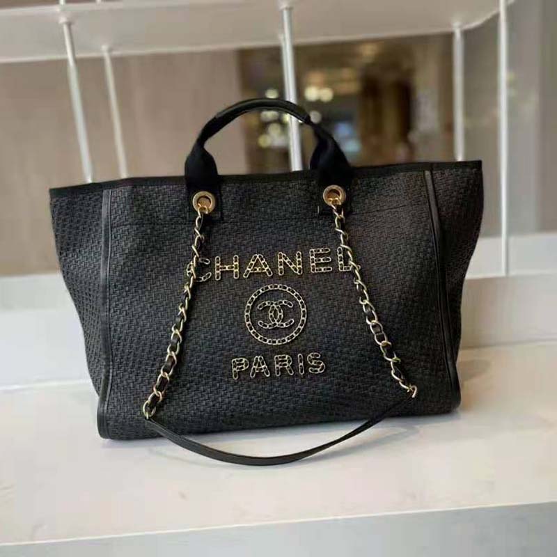 Chanel Women Large Shopping Bag Straw Calfskin & Gold-Tone Metal Black