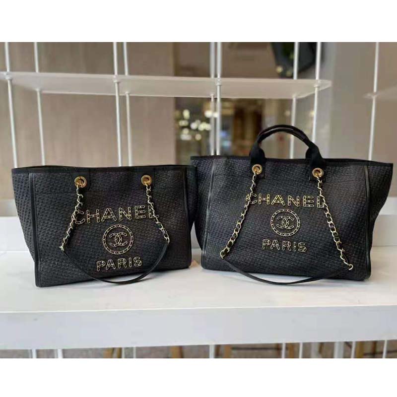Chanel Women Large Shopping Bag Straw Calfskin & Gold-Tone Metal Black