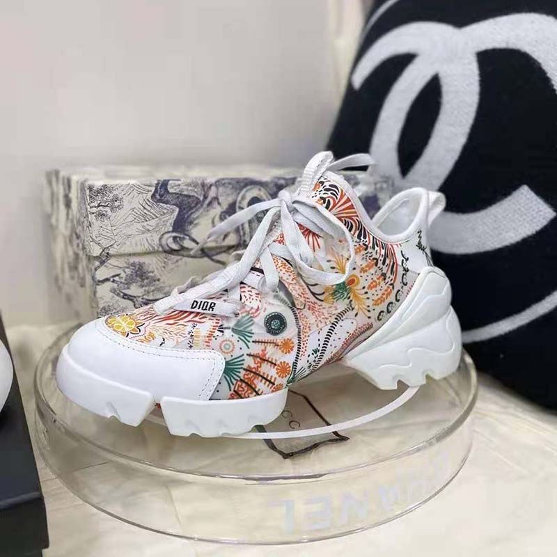 Dior Women D-Connect Sneaker White Technical Fabric with Dior In Heart Lights Print