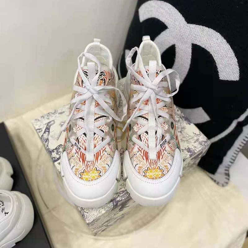Dior Women D-Connect Sneaker White Technical Fabric with Dior In Heart Lights Print