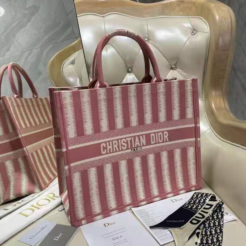 Dior Women Dior Book Tote Pink D-Stripes Embroidery