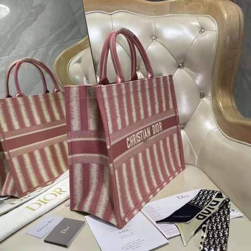 Dior Women Dior Book Tote Pink D-Stripes Embroidery