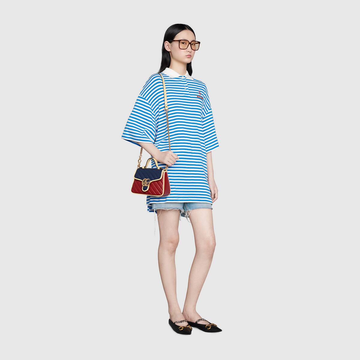 G*u*i gg women gg marmont mini top handle bag blue red diagonal matelassé leather