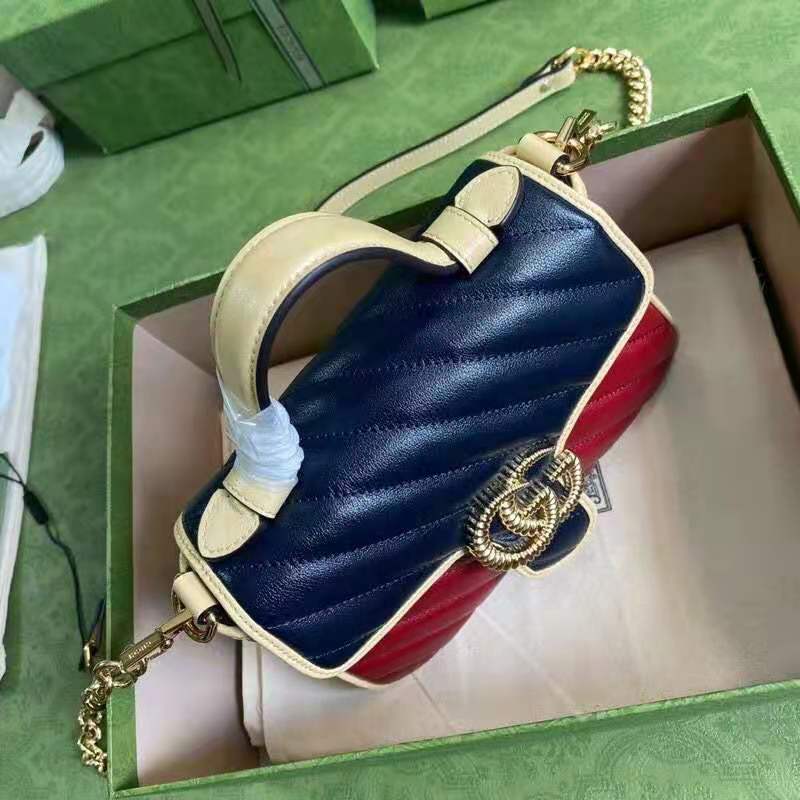 G*u*i gg women gg marmont mini top handle bag blue red diagonal matelassé leather