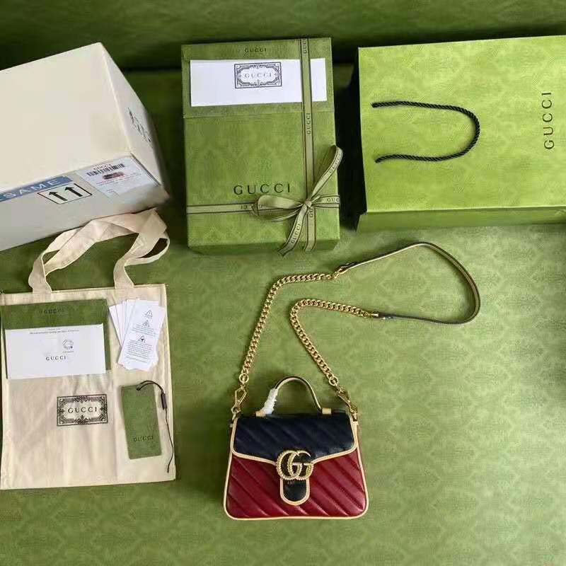 G*u*i gg women gg marmont mini top handle bag blue red diagonal matelassé leather