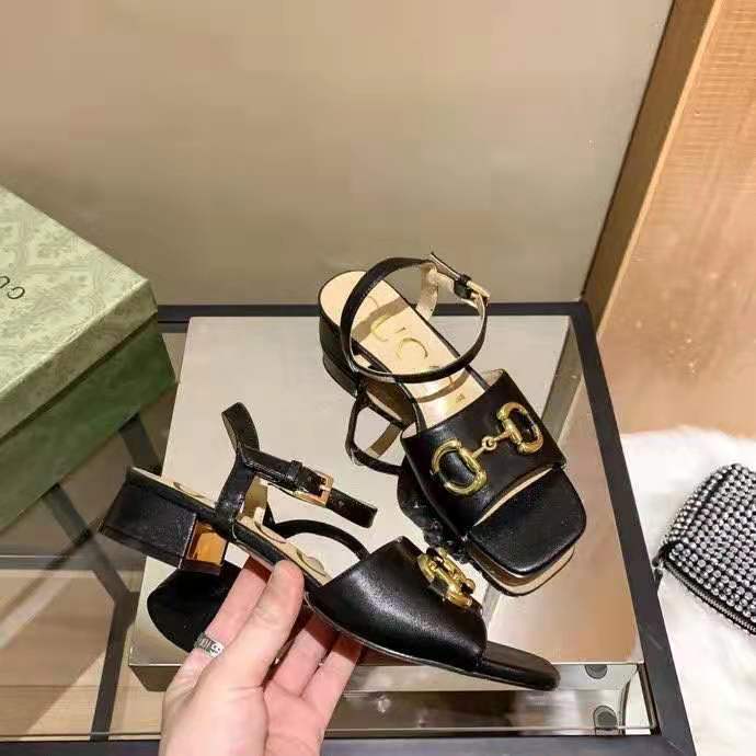 G*u*i gg women’s sandal with horsebit black leather ankle buckle closure