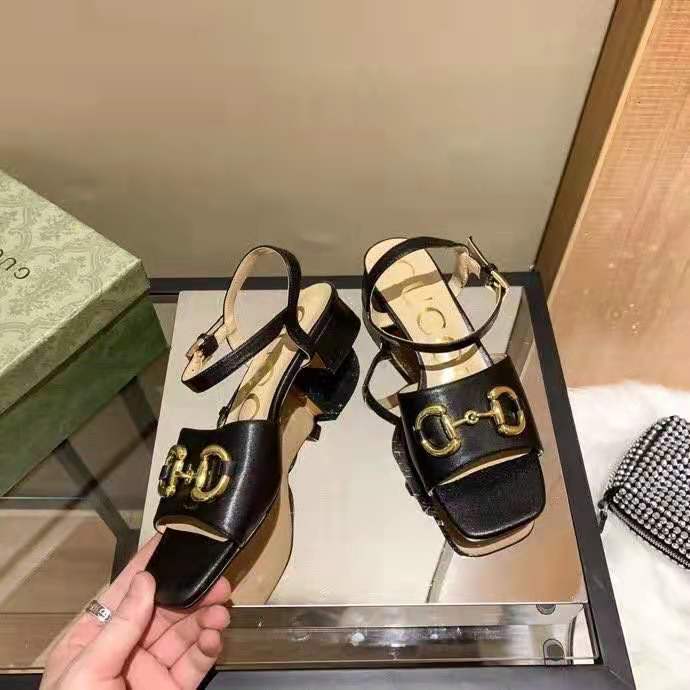 G*u*i gg women’s sandal with horsebit black leather ankle buckle closure