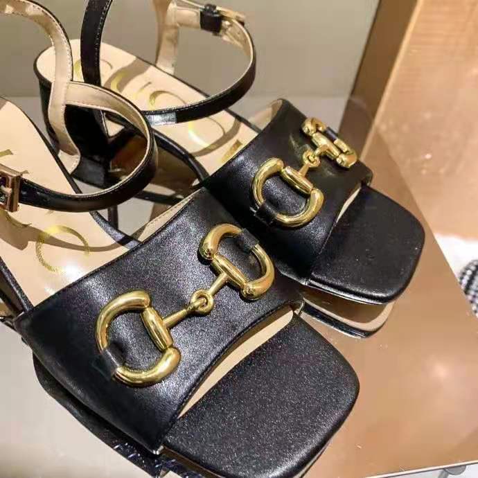 G*u*i gg women’s sandal with horsebit black leather ankle buckle closure