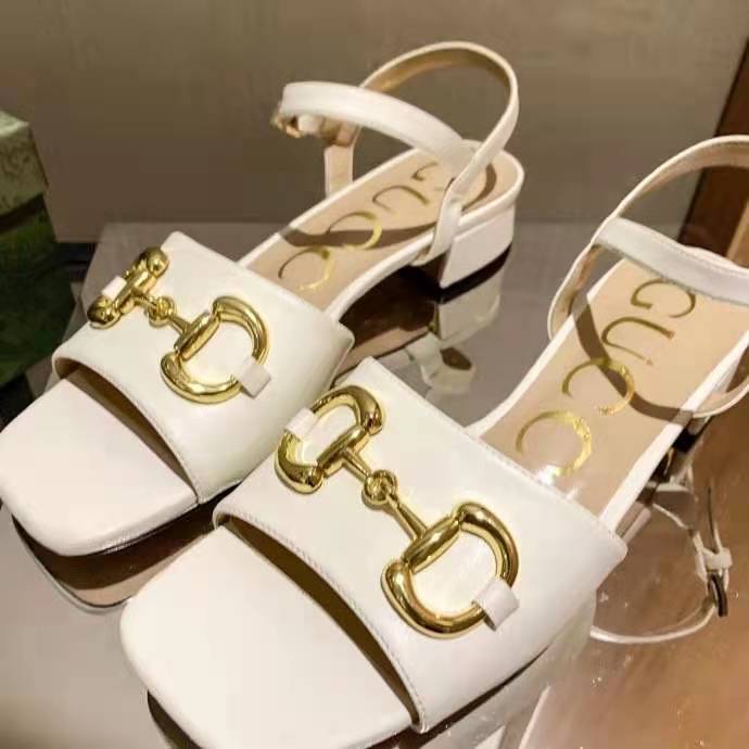 G*u*i gg women’s sandal with horsebit white leather ankle buckle closure
