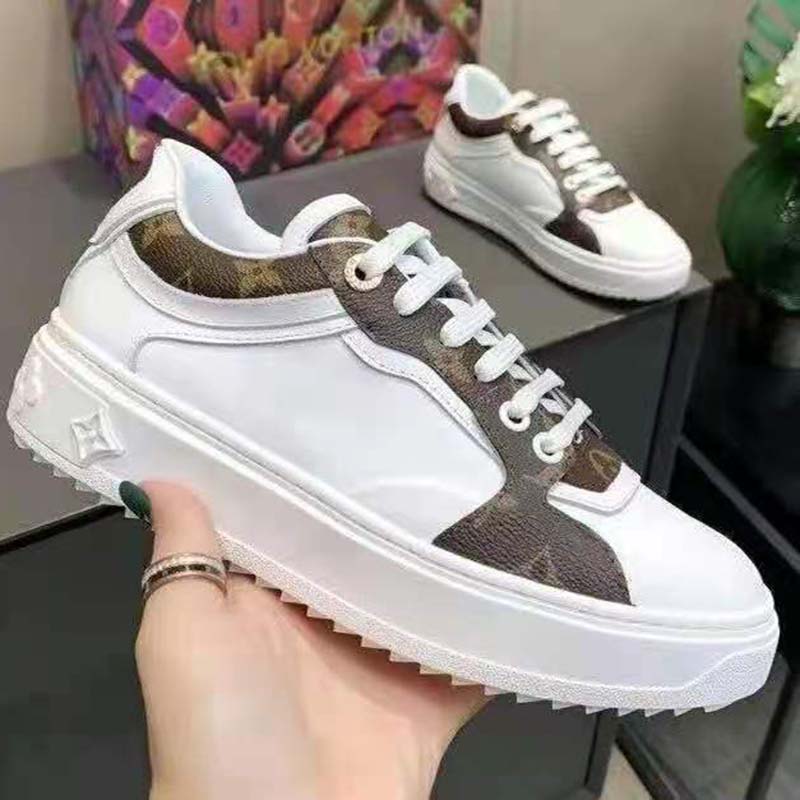 Louis Vuitton LV Unisex Time Out Sneaker Cacao Brown Calf Leather Patent Monogram Canvas