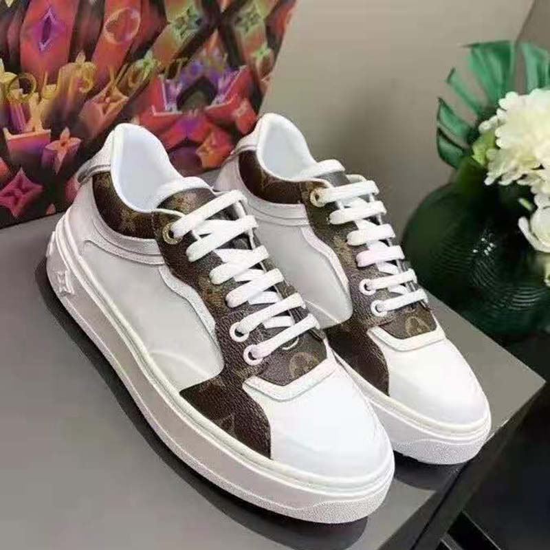 Louis Vuitton LV Unisex Time Out Sneaker Cacao Brown Calf Leather Patent Monogram Canvas