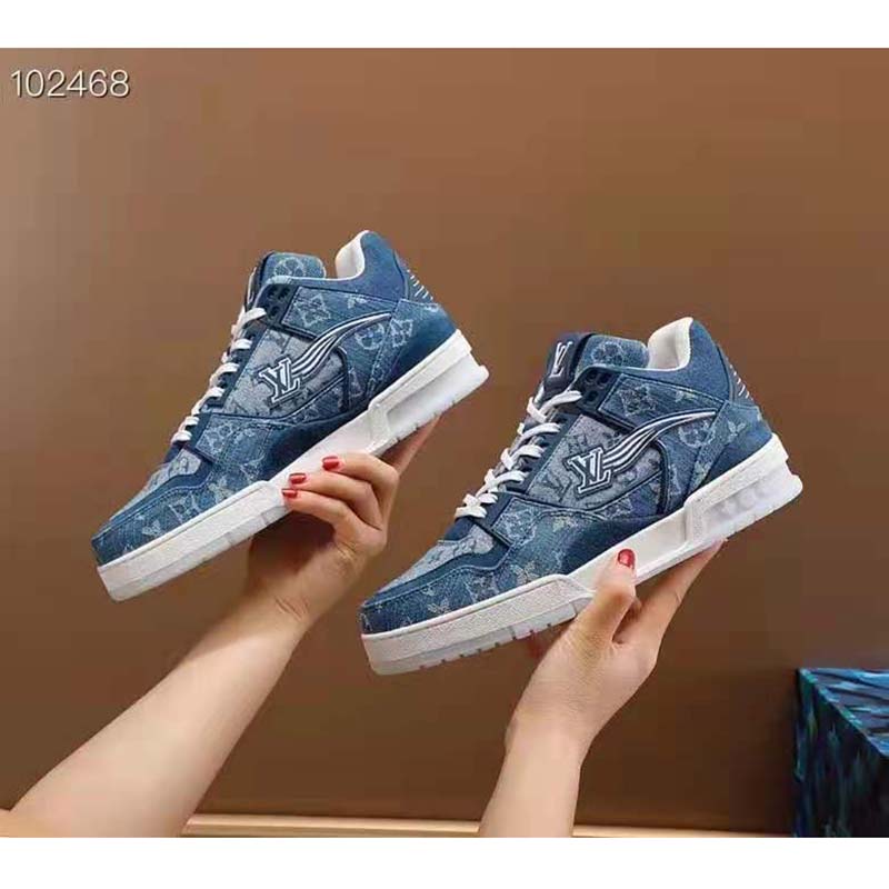 Louis Vuitton Unisex LV Trainer Sneaker Blue Monogram Denim Flowers Rubber LV Initials