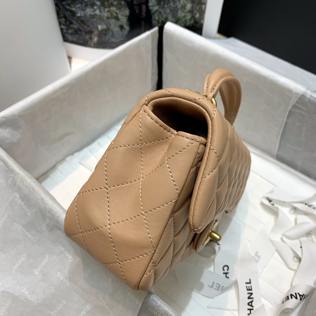 Chanel Women Mini Flap Bag with Top Handle Grained Calfskin Gold-Tone Metal Sandy