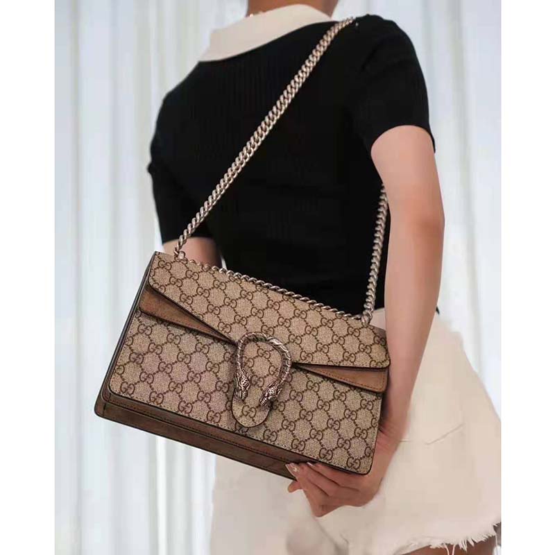G*u*i gg women dionysus gg small shoulder bag beige ebony gg supreme canvas brown suede