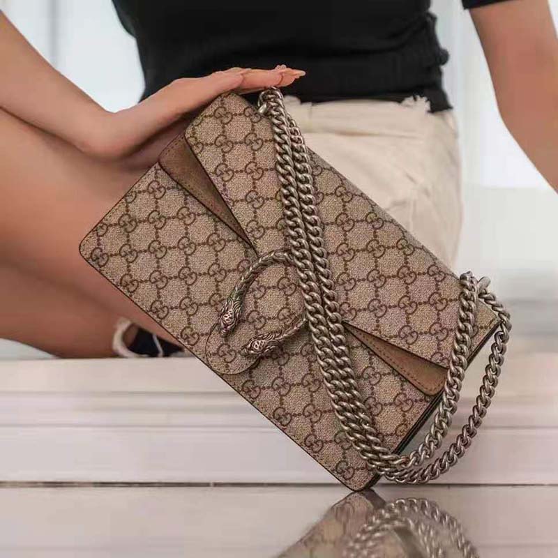 G*u*i gg women dionysus gg small shoulder bag beige ebony gg supreme canvas brown suede
