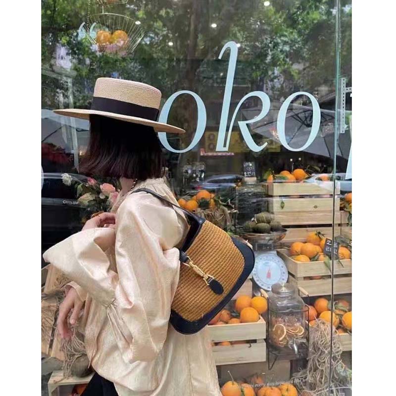 G*u*i gg women jackie 1961 small shoulder bag camel straw effect fabric blue leather