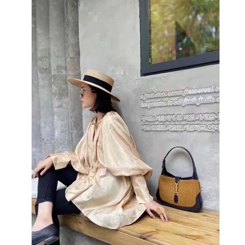 G*u*i gg women jackie 1961 small shoulder bag camel straw effect fabric blue leather