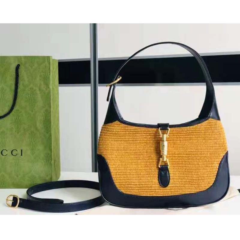 G*u*i gg women jackie 1961 small shoulder bag camel straw effect fabric blue leather