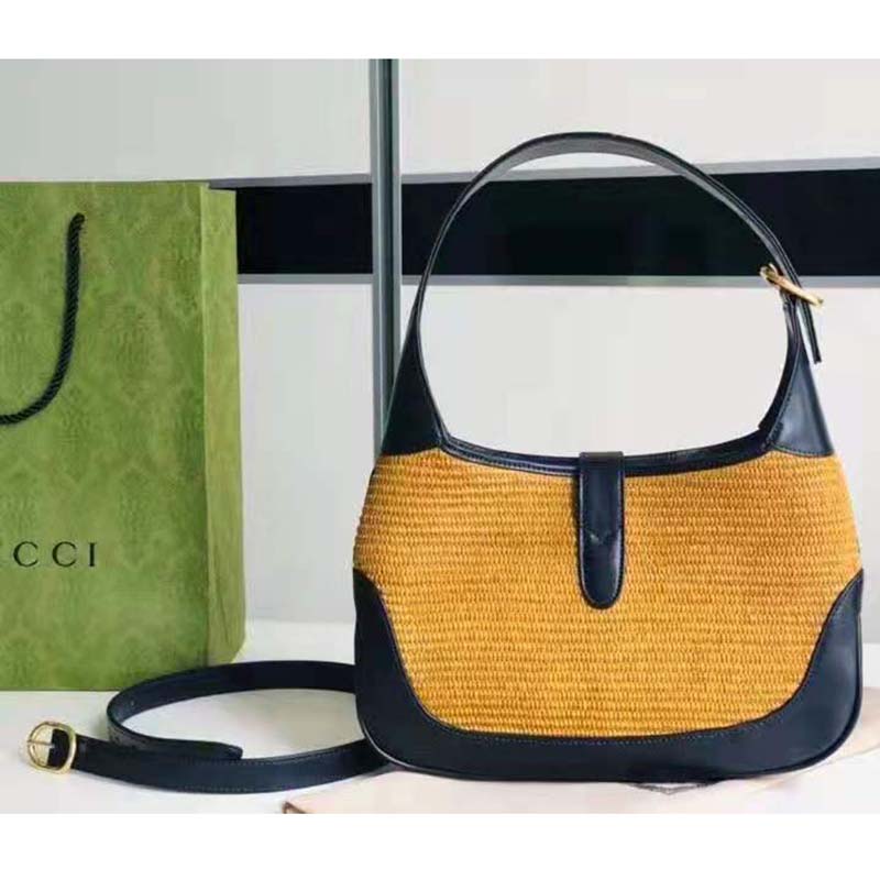 G*u*i gg women jackie 1961 small shoulder bag camel straw effect fabric blue leather