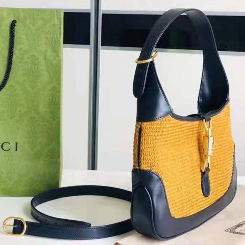 G*u*i gg women jackie 1961 small shoulder bag camel straw effect fabric blue leather