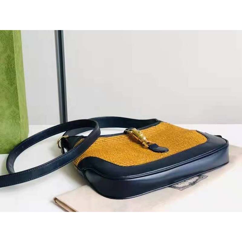 G*u*i gg women jackie 1961 small shoulder bag camel straw effect fabric blue leather