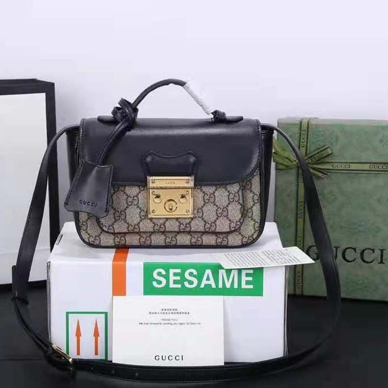 G*u*i gg women padlock mini bag beige and ebony gg supreme canvas with black leather