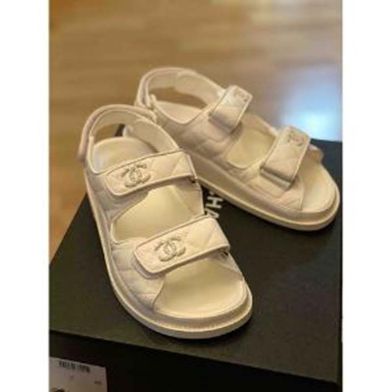 Chanel Women Open Toe Sandal in Calfskin Leather-White