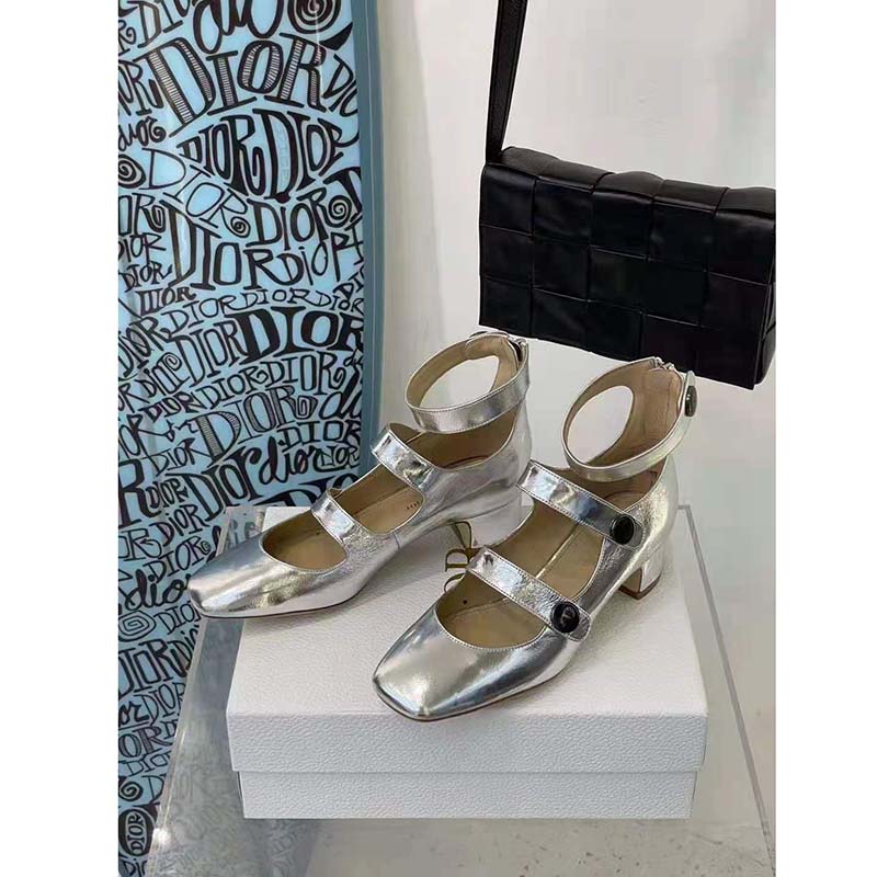 Dior Women Shoes D-Doll Pump Silver-Tone Shiny Laminated Calfskin