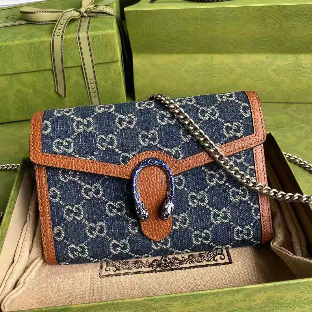 G*u*i gg unisex dionysus mini chain bag dark blue ivory eco washed organic gg jacquard denim