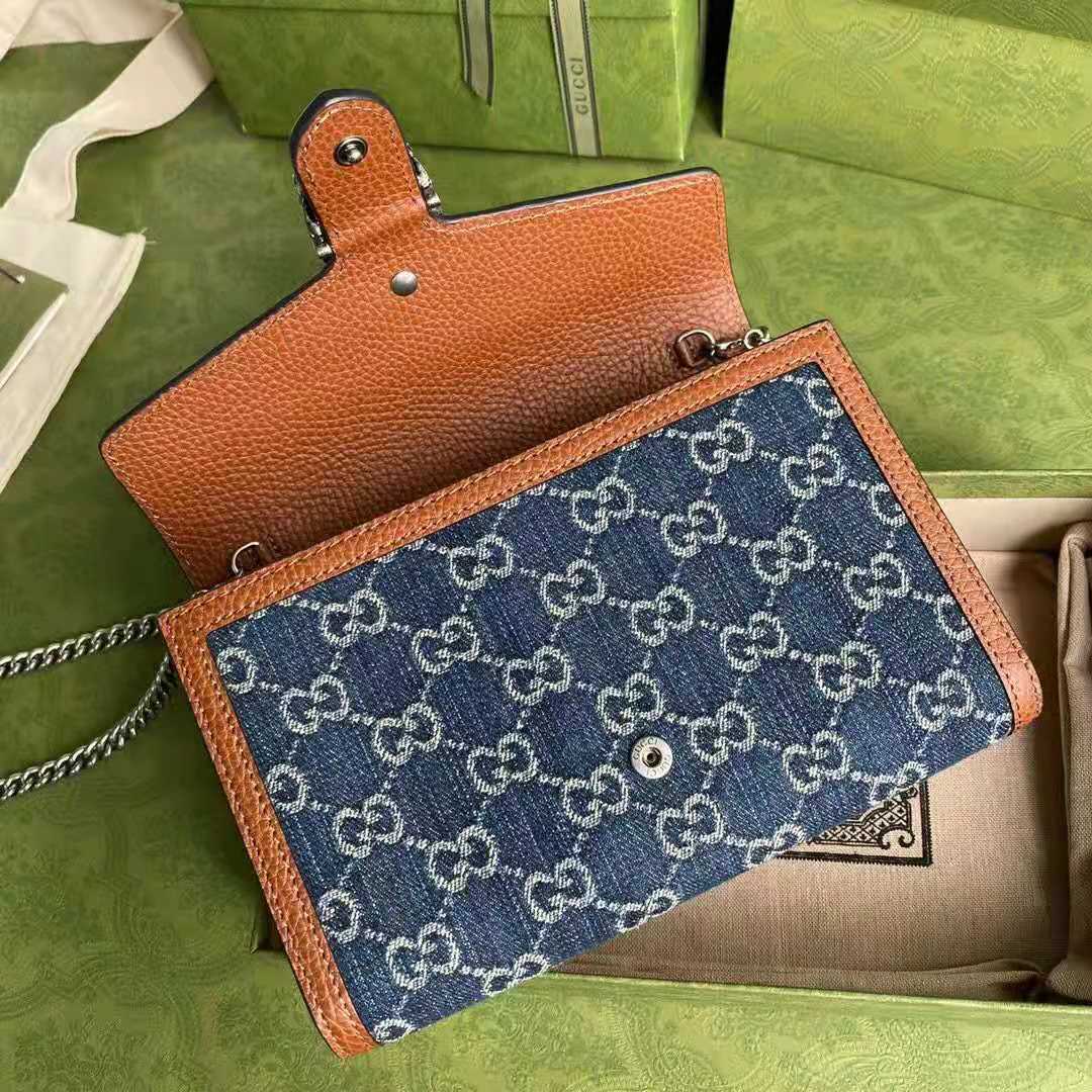 G*u*i gg unisex dionysus mini chain bag dark blue ivory eco washed organic gg jacquard denim