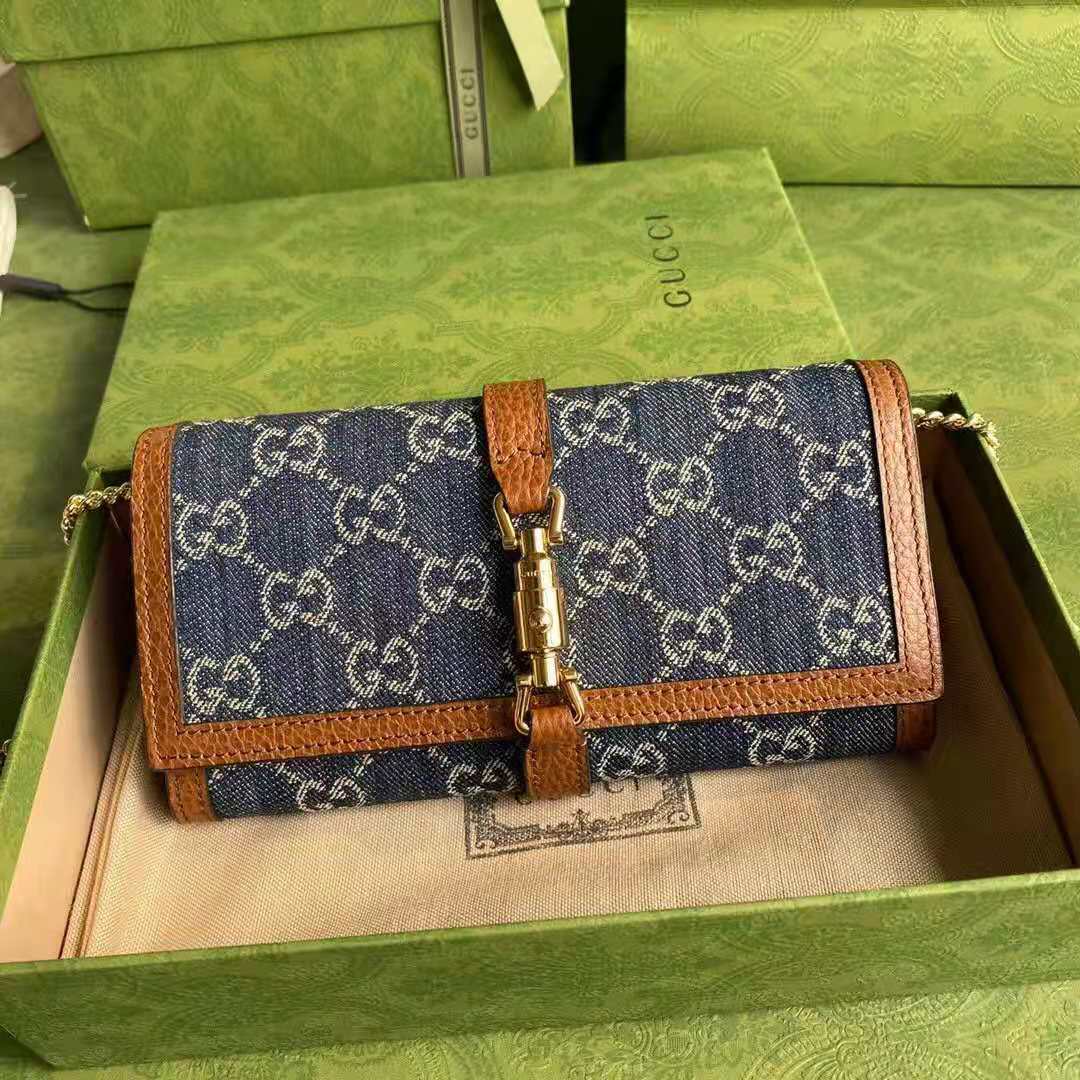G*u*i gg unisex jackie 1961 chain wallet dark blue ivory eco washed organic gg jacquard denim