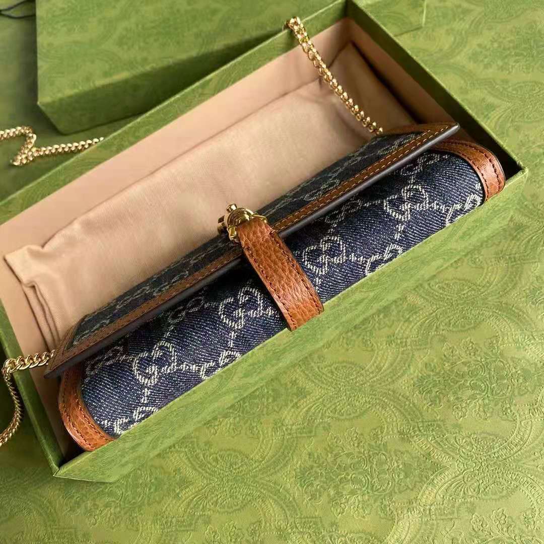 G*u*i gg unisex jackie 1961 chain wallet dark blue ivory eco washed organic gg jacquard denim