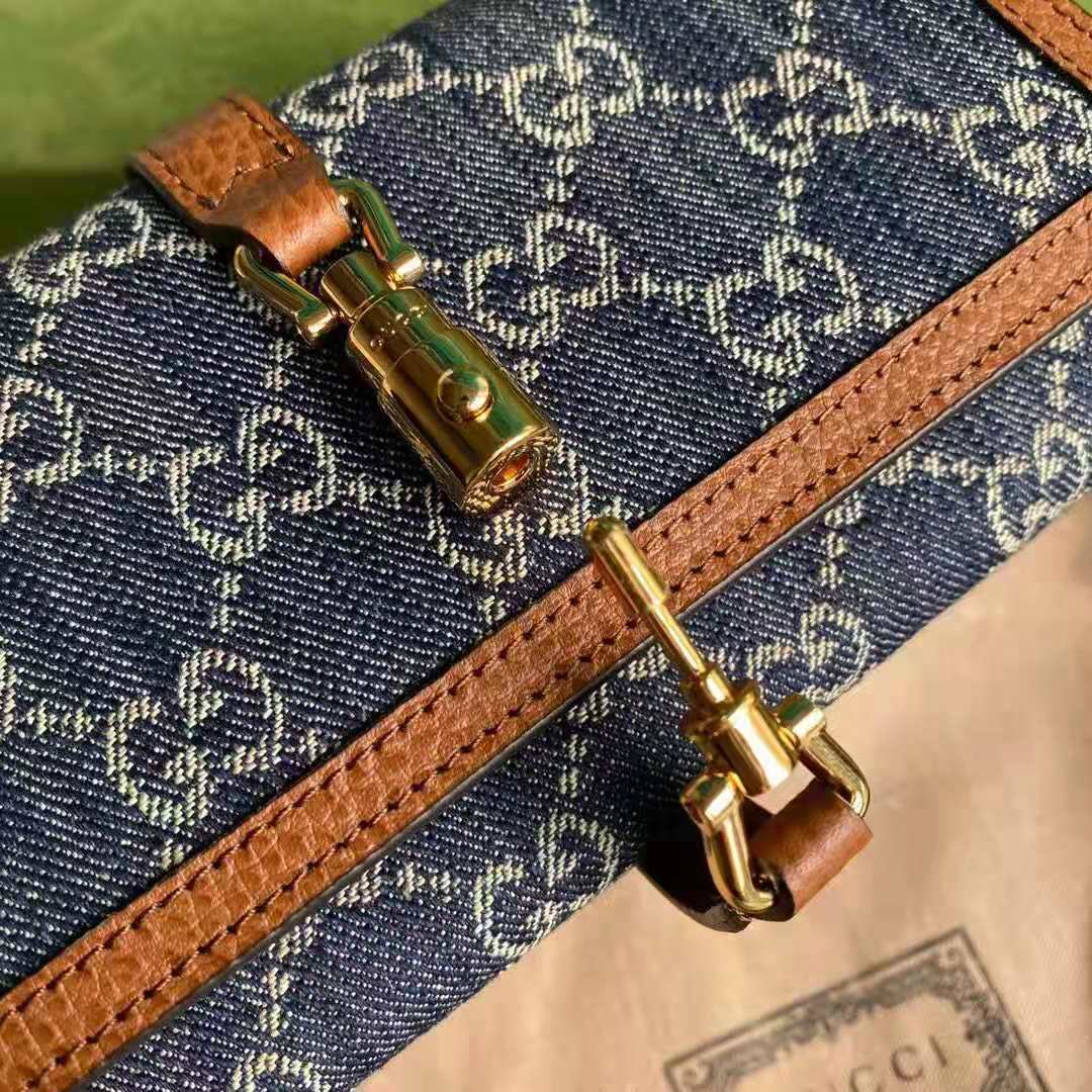 G*u*i gg unisex jackie 1961 chain wallet dark blue ivory eco washed organic gg jacquard denim