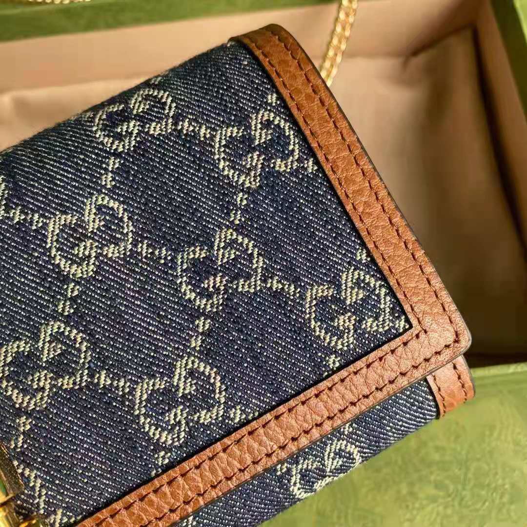 G*u*i gg unisex jackie 1961 chain wallet dark blue ivory eco washed organic gg jacquard denim
