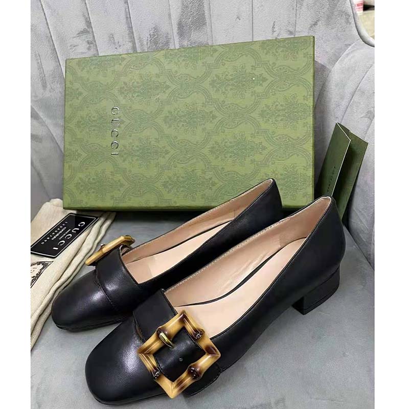 G*u*i gg women ballet flat with bamboo buckle black leather