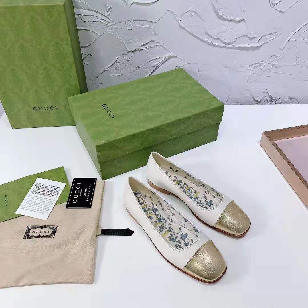 G*u*i gg women ballet flat with interlocking g white leather with rose gold metallic tip
