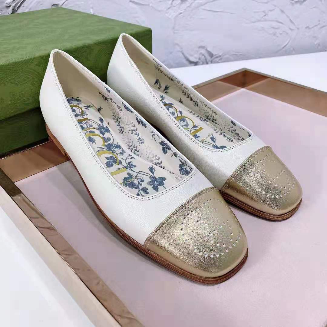 G*u*i gg women ballet flat with interlocking g white leather with rose gold metallic tip