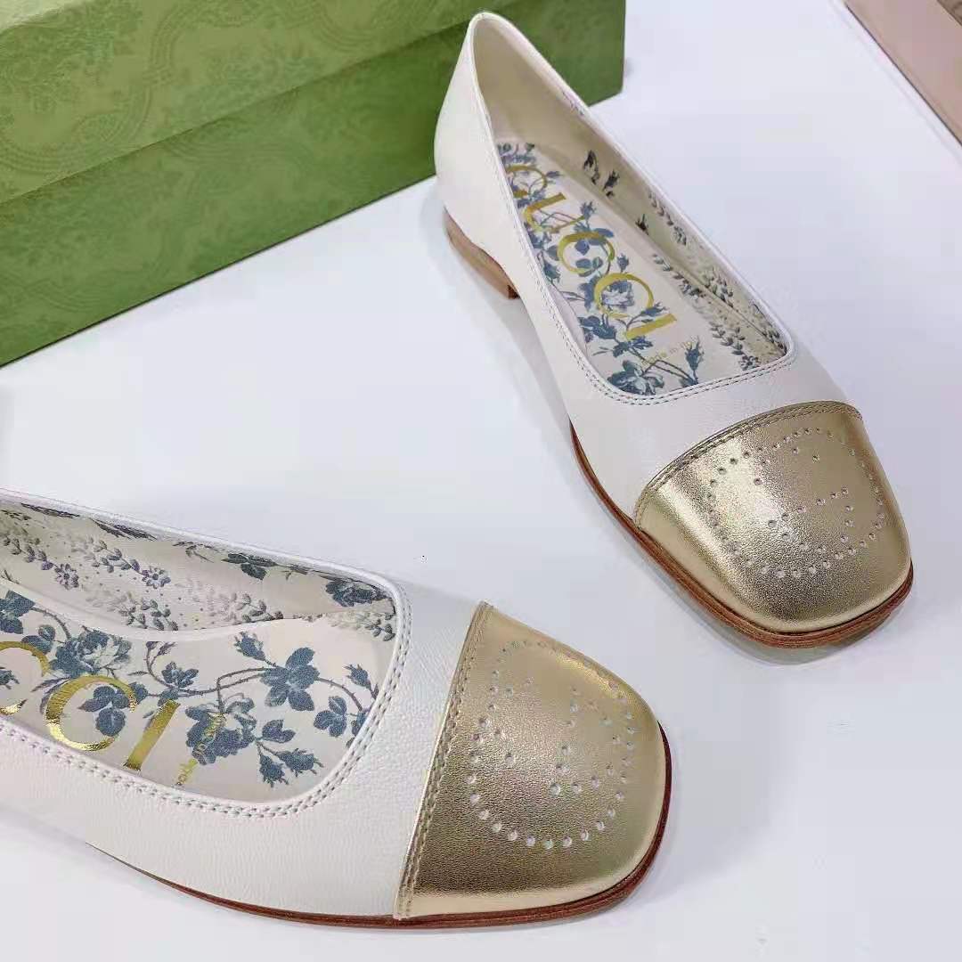 G*u*i gg women ballet flat with interlocking g white leather with rose gold metallic tip