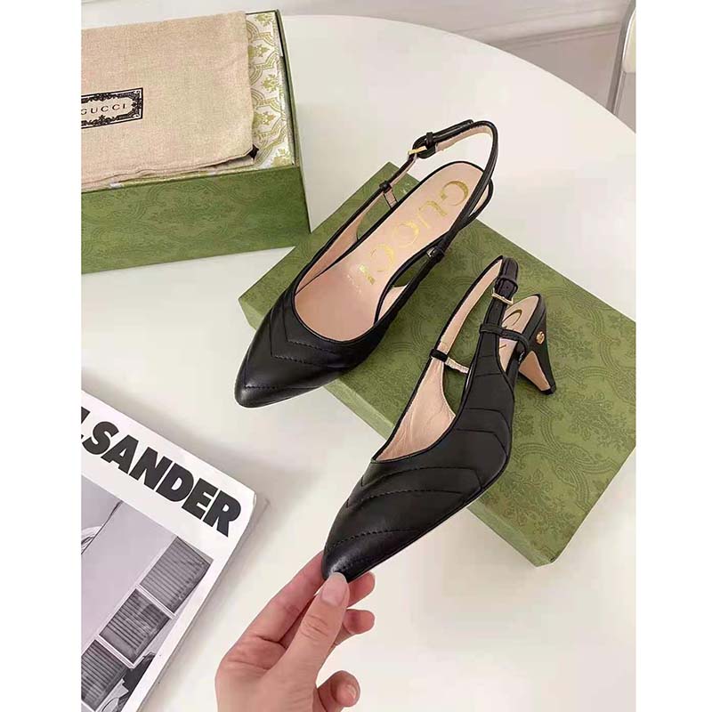 G*u*i gg women matelassé sling back black matelassé chevron leather 7 cm heel