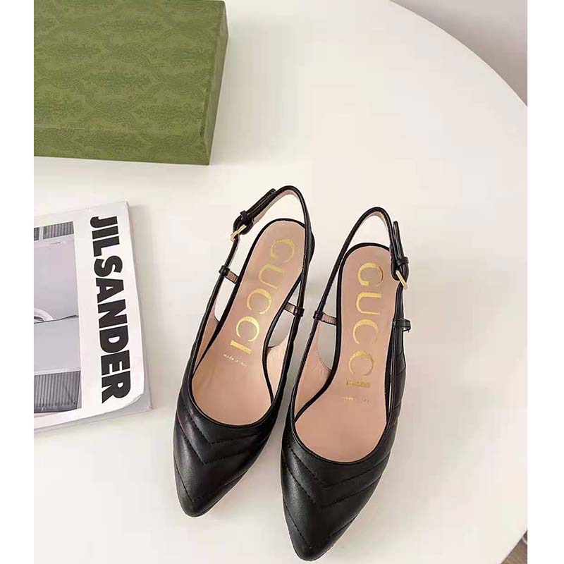G*u*i gg women matelassé sling back black matelassé chevron leather 7 cm heel