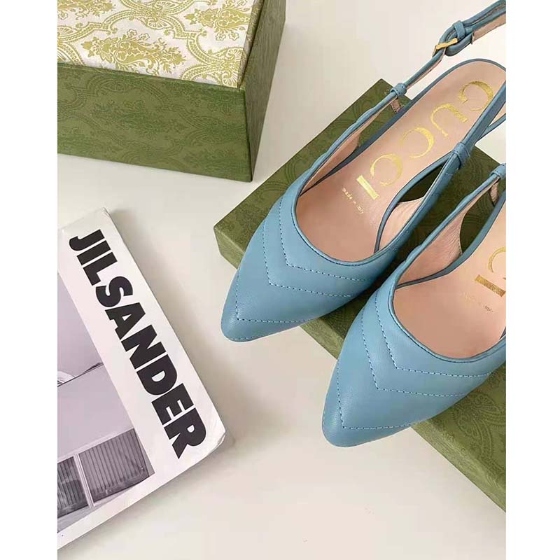 G*u*i gg women matelassé sling back pastel blue matelassé chevron leather 7 cm heel