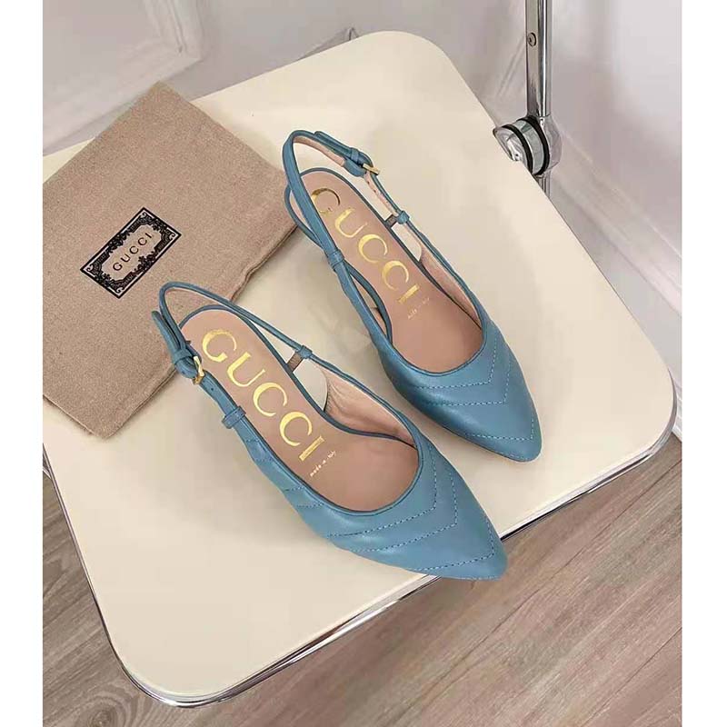 G*u*i gg women matelassé sling back pastel blue matelassé chevron leather 7 cm heel